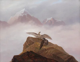Phantasie aus der Alpenwelt. Adler, die auf einem Alpenhorn nisten